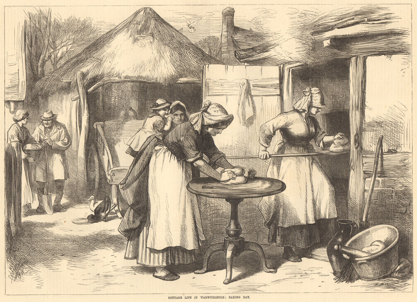 Cottage life in Warwickshire: baking day. Hospitality 1872 old antique print